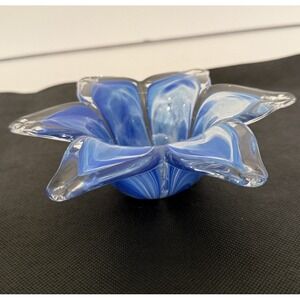Flower‎ Bowl Glass Art Piece With Blues White And Clear Glass In Murano Style